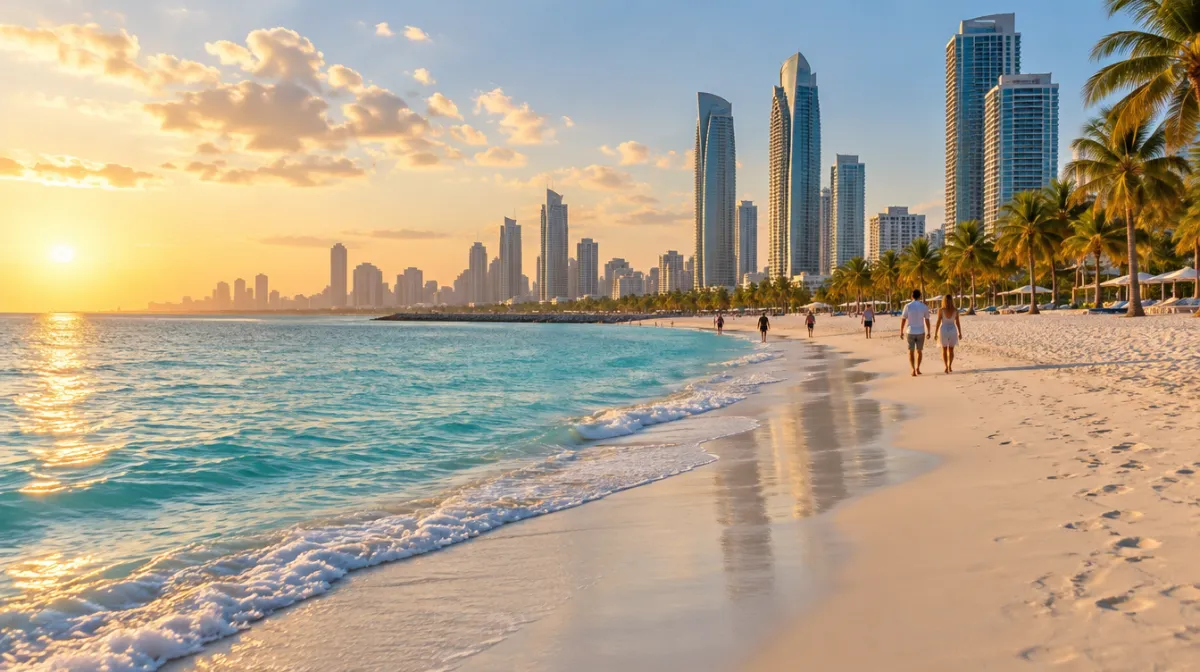 A modern Gulf city skyline and wide beach in soft golden winter light