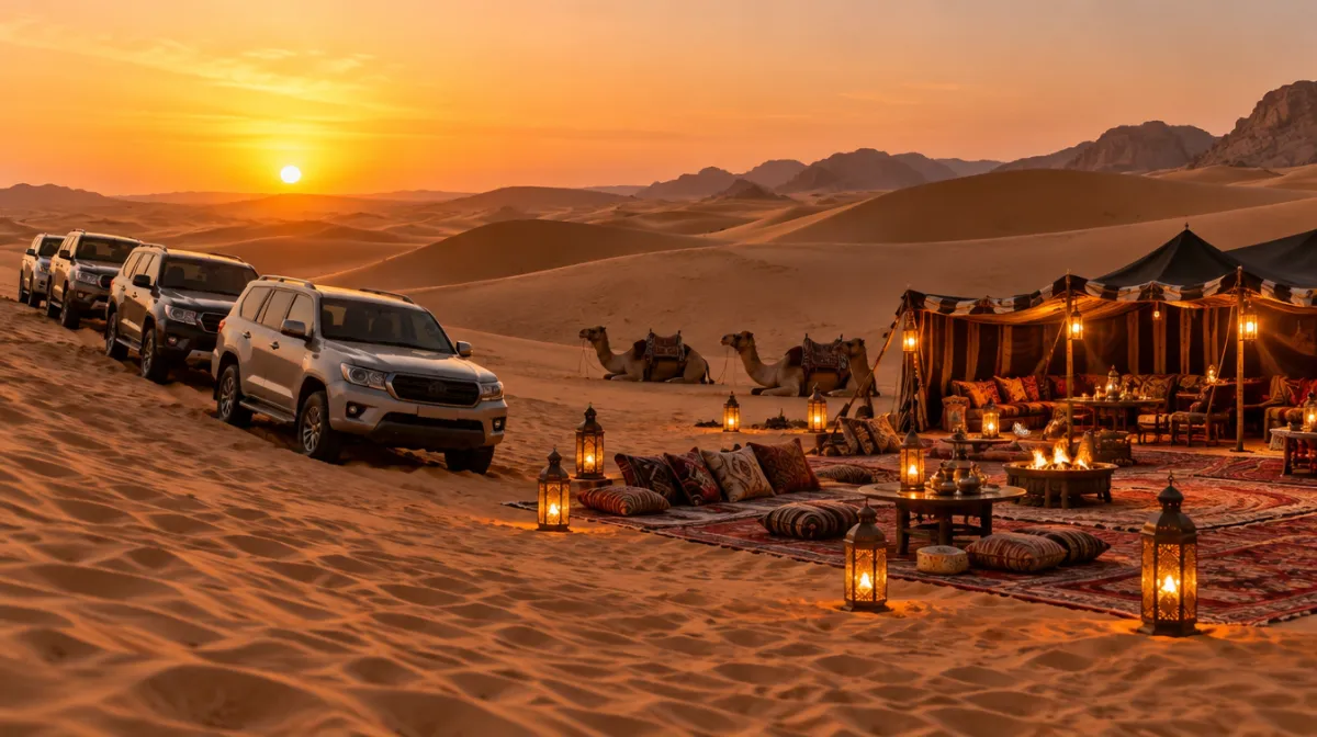 A convoy of 4x4s parked on golden dunes near a Bedouin-style camp lit by lanterns