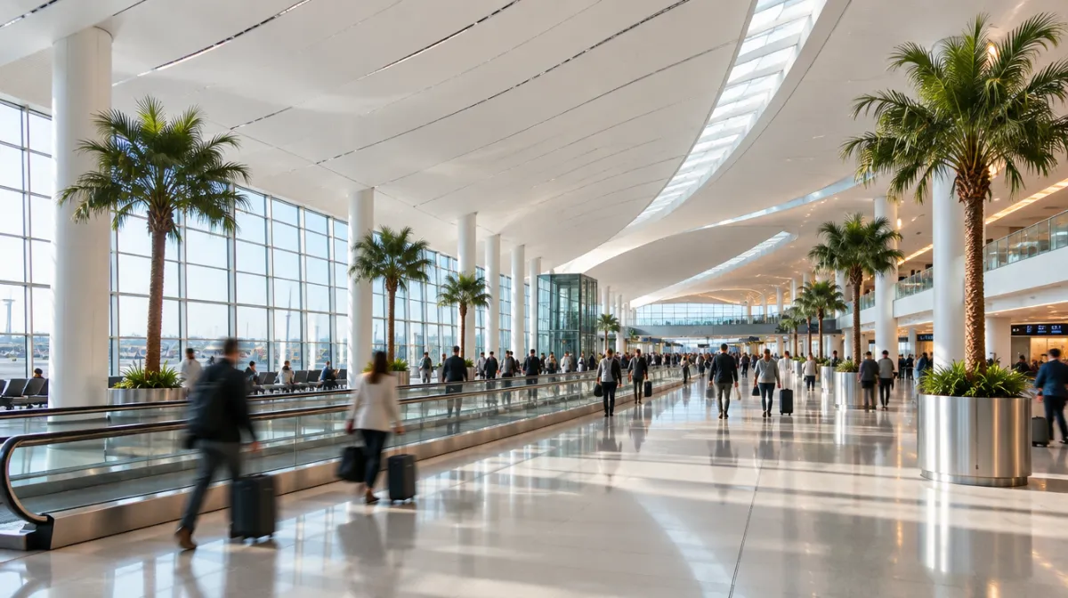 A bright airport terminal with tall palm trees, moving walkways and travellers pulling suitcases