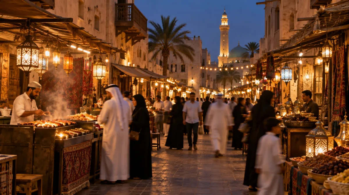 A bustling Dubai street market in the evening with food stalls and shoppers