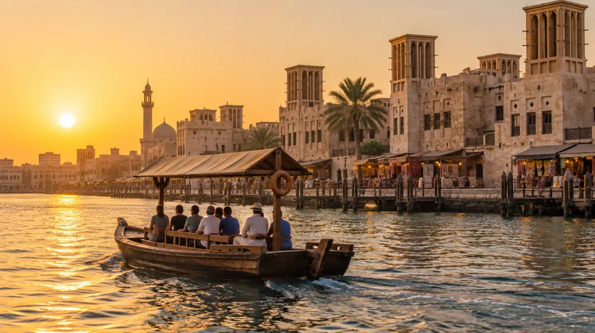 A traditional abra crossing Dubai Creek at golden hour with the old souk behind