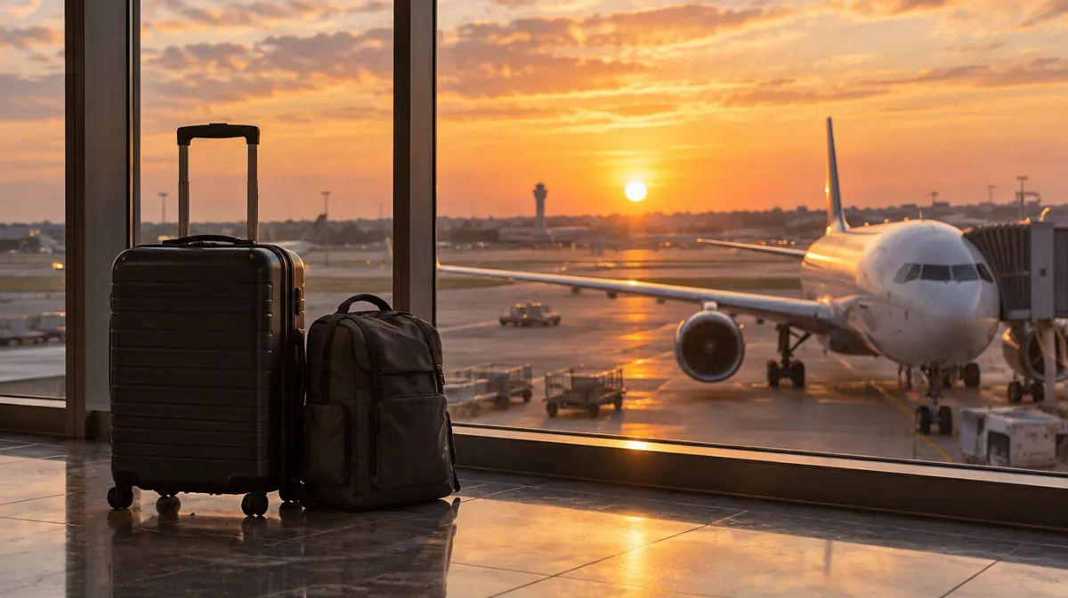 A suitcase and backpack beside an airport window at sunset, with a plane parked at the gate outside