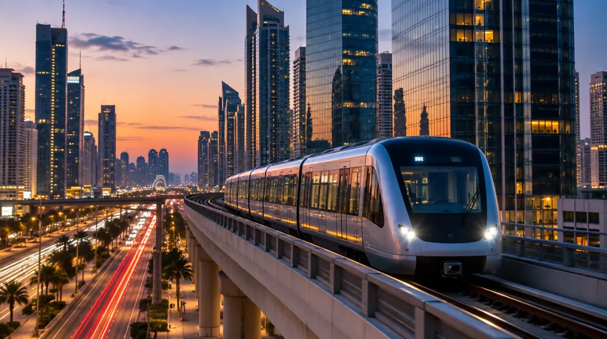 A driverless metro train gliding along an elevated track past modern towers