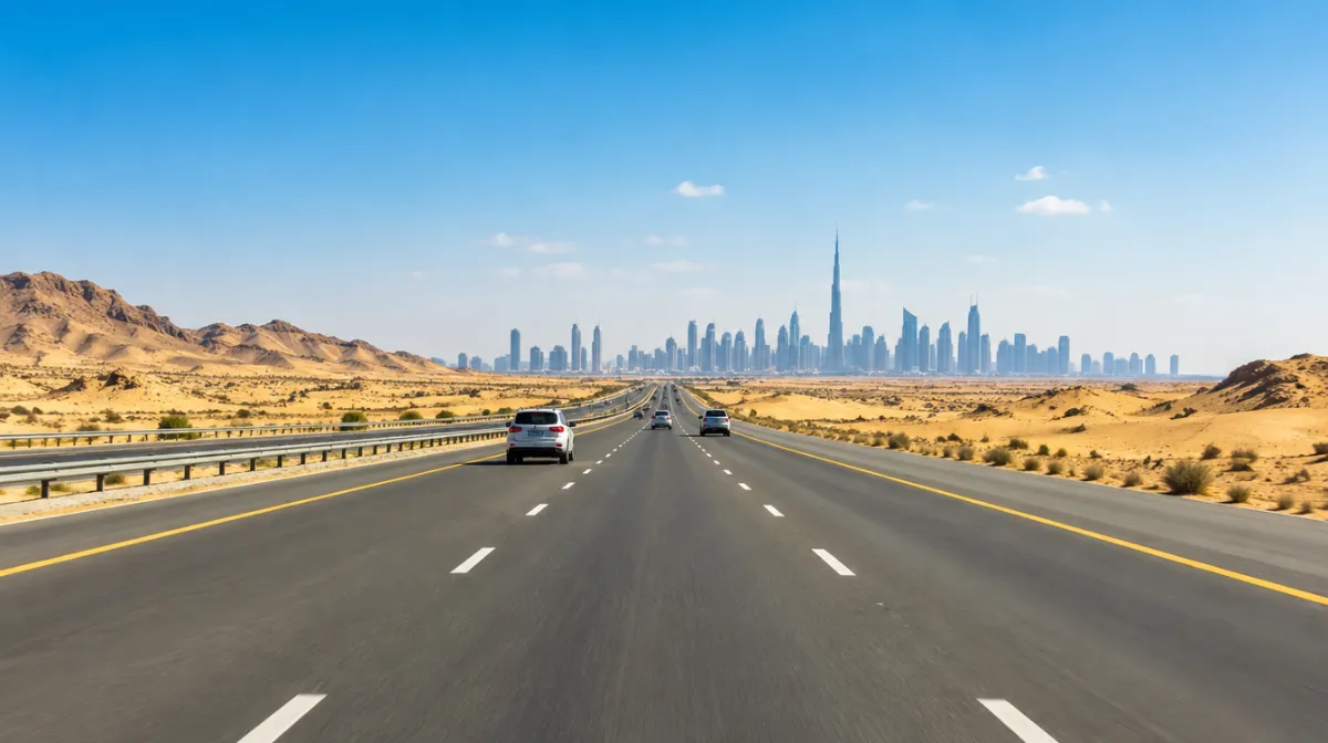 A multi-lane highway through the desert toward a distant city skyline