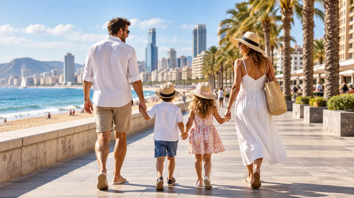A family walking along a sunny beach promenade with palm trees and a city skyline