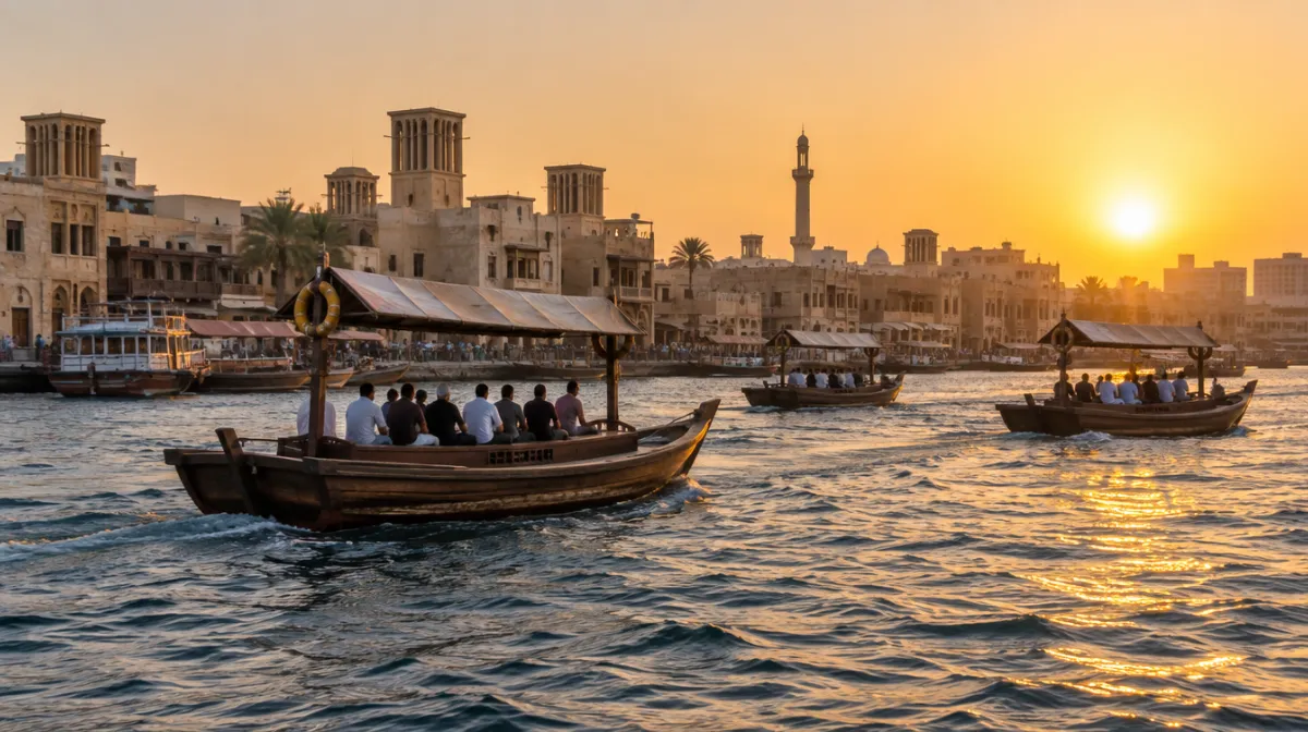Wooden abras carrying passengers across Dubai Creek at sunset, with wind towers and a minaret on the shore