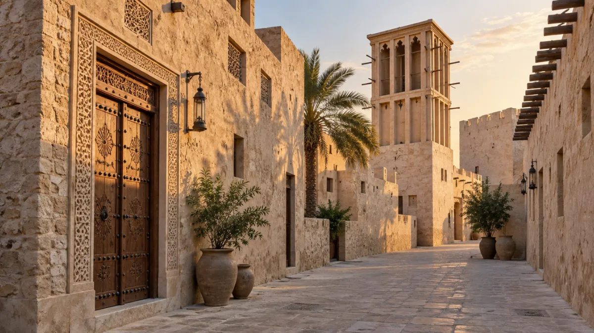 A sunlit lane of restored sandstone houses in old Sharjah with a carved wooden door, a wind tower and palm trees