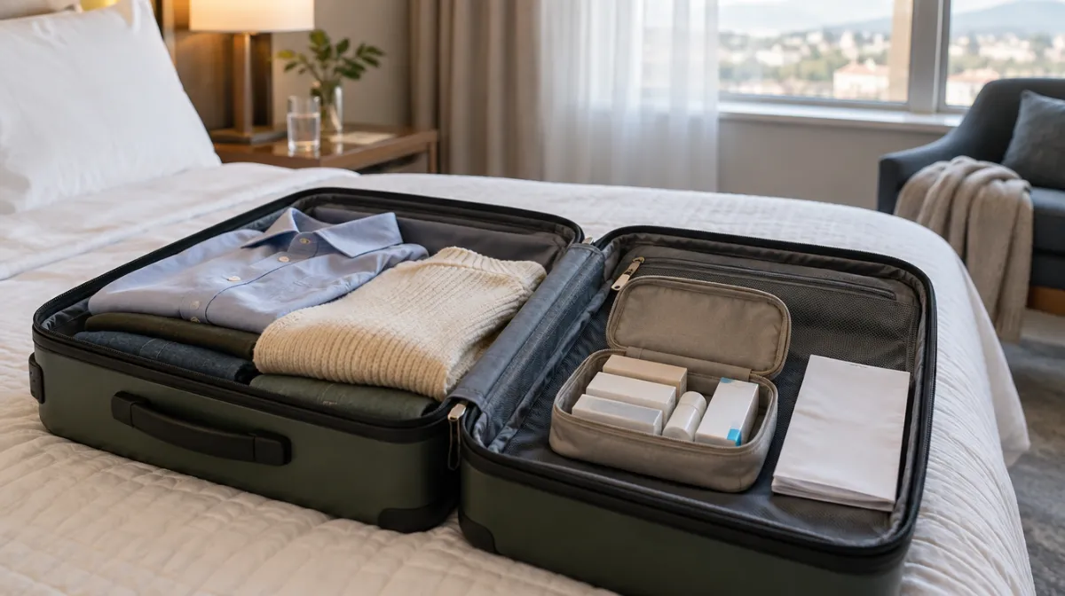 An open suitcase on a hotel bed with neatly folded clothes and a toiletry pouch, ready to be packed
