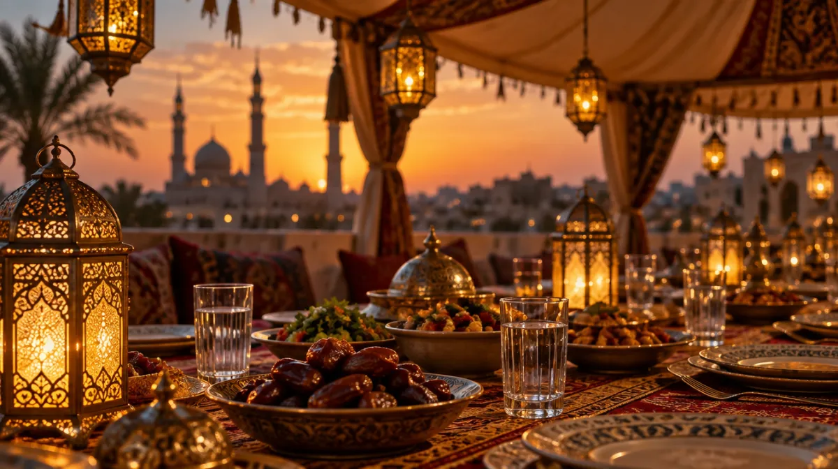Lanterns glowing over a long iftar table set with dates and dishes at sunset