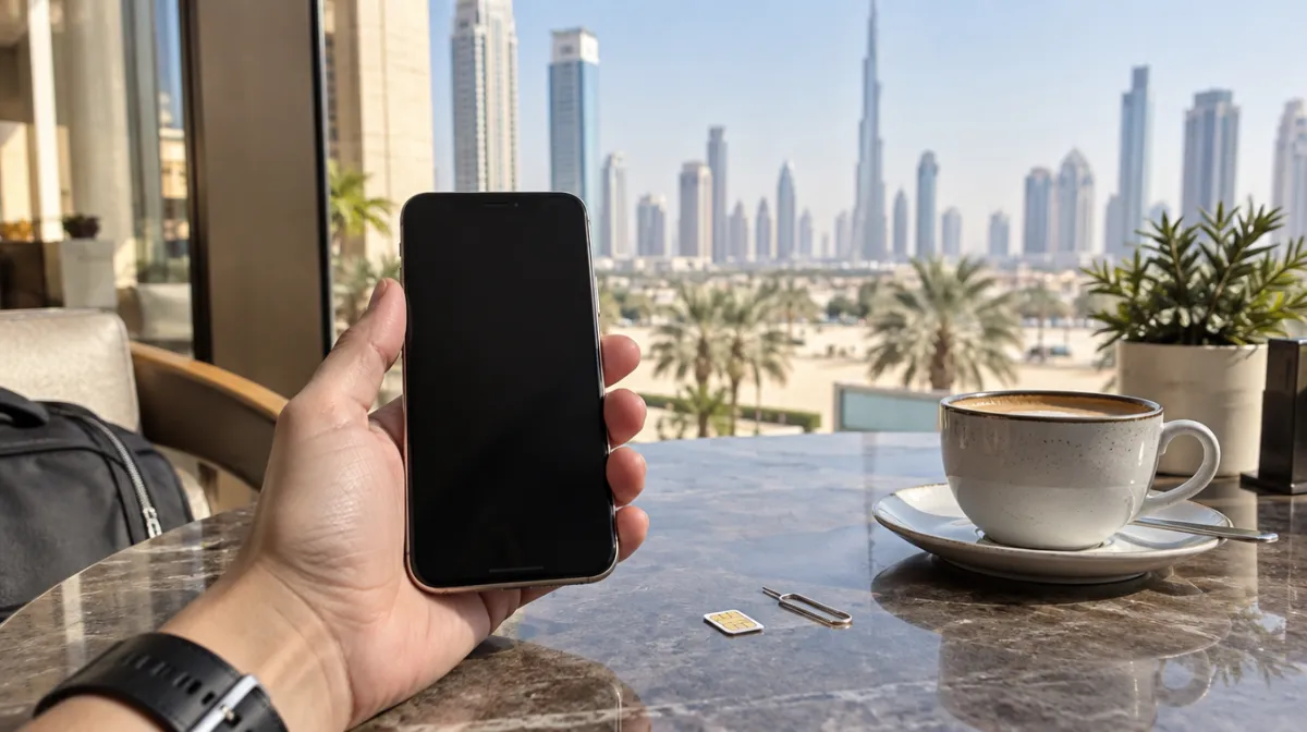 A hand holding a smartphone at a café table with a coffee and a SIM card, with the Dubai skyline and Burj Khalifa behind