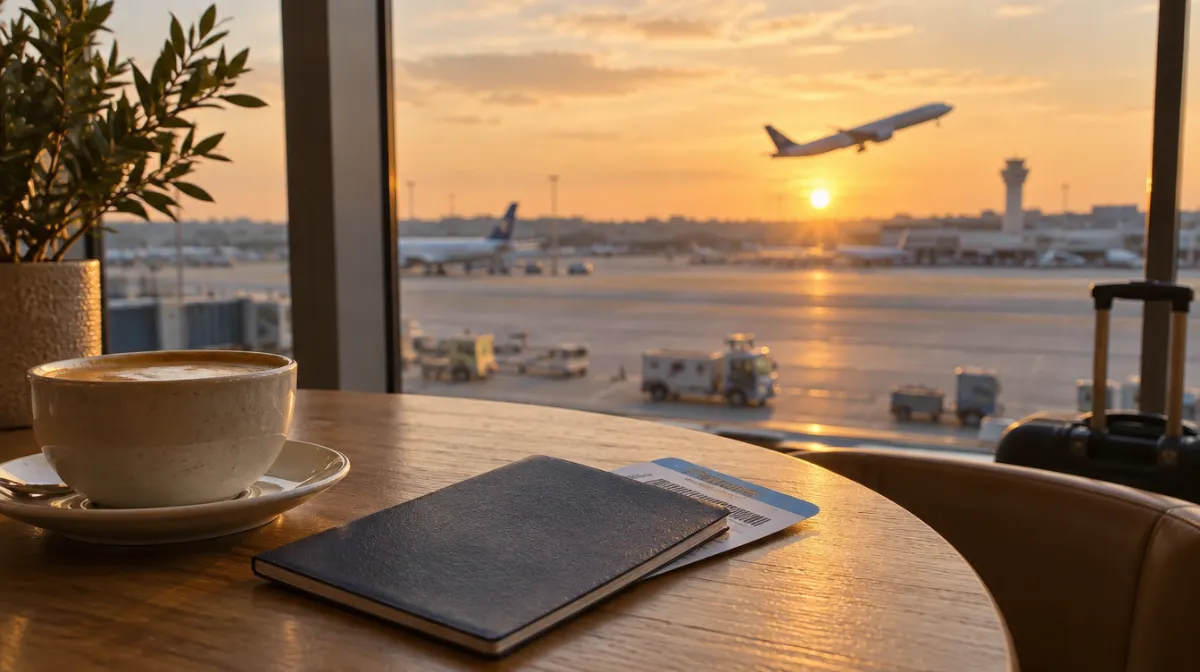 A passport and boarding pass on a table beside a window overlooking an airport runway