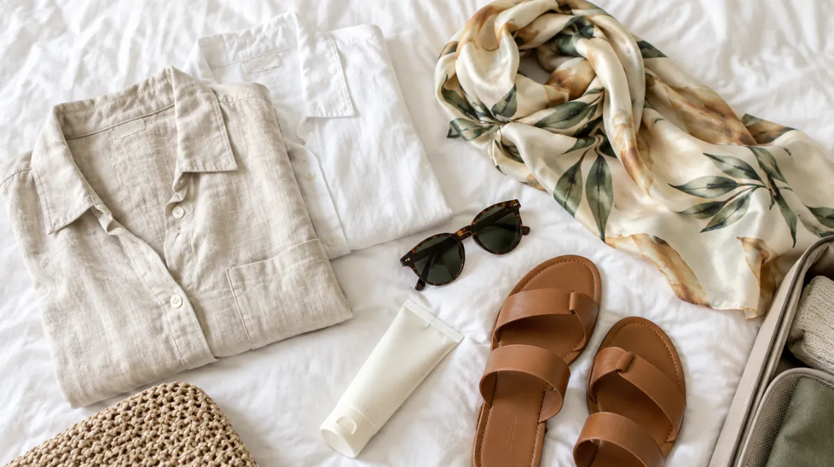 Light linen clothing, a scarf, sunglasses and sandals laid out for packing